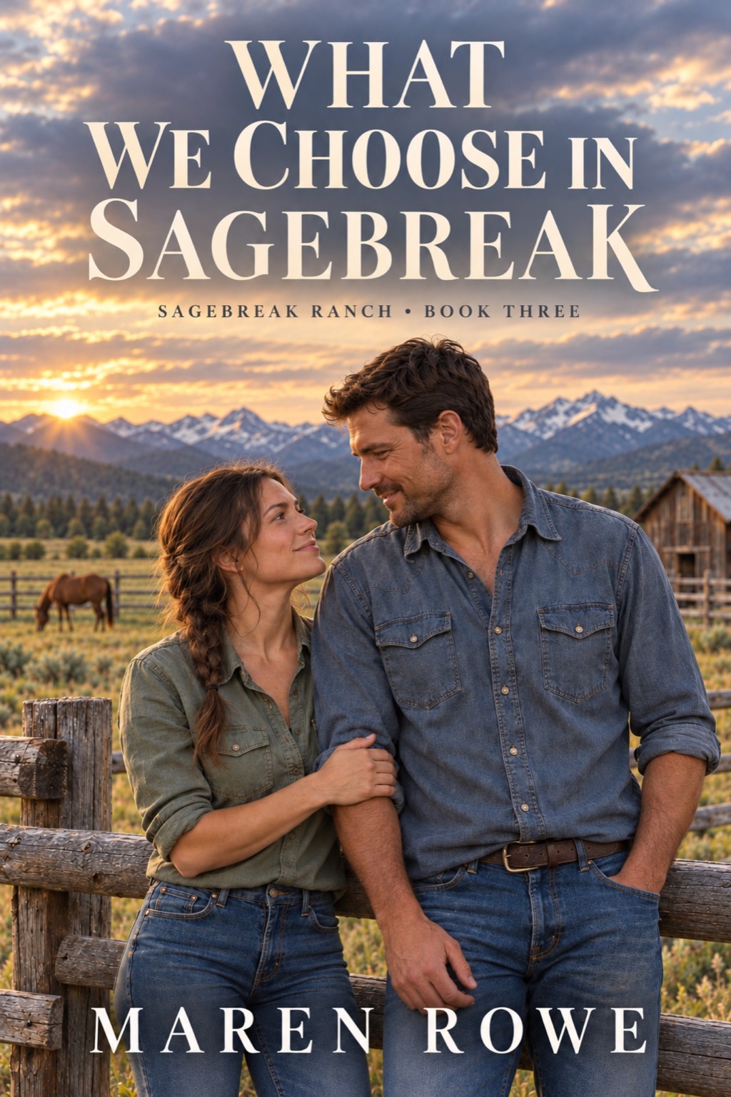 What We Choose in Sagebreak by Maren Rowe. Wren and Luke stand together beside a ranch fence at sunset.