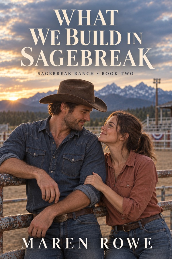What We Build in Sagebreak by Maren Rowe. Beck and Tessa share a quiet moment beside a rodeo arena rail.