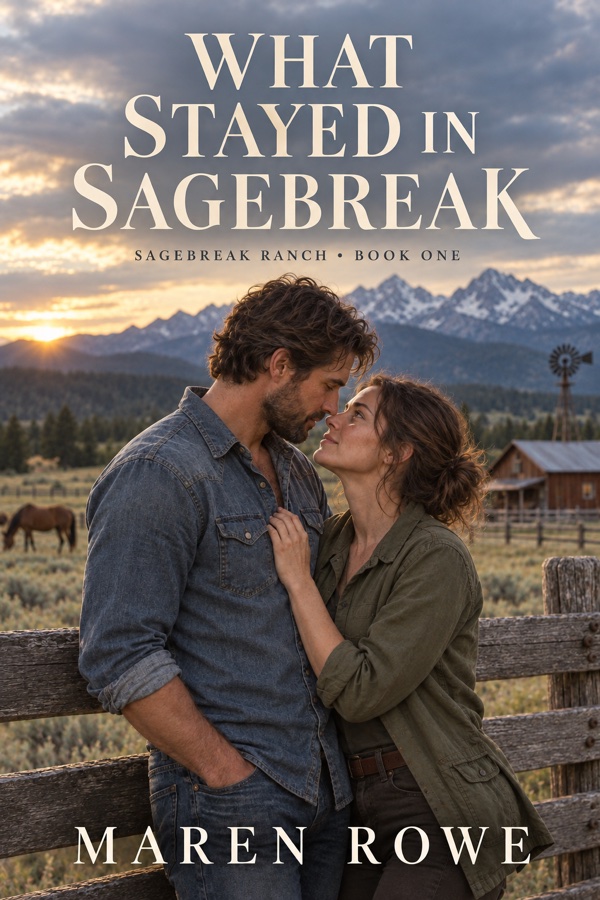 What Stayed in Sagebreak by Maren Rowe. Reed and Nora stand together beside a ranch fence beneath Montana mountains.